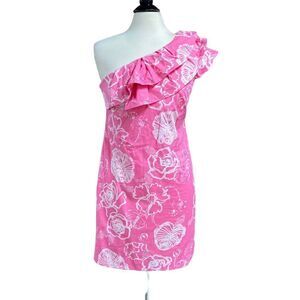 Lilly Pulitzer Hottie Pink Dahlia One Shoulder Ruffle Dress Size 2